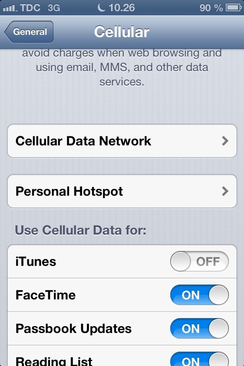 Tap Cellular Data Network. Make sure 'Cellular Data' is ON.