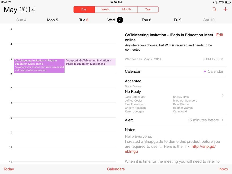 Tap "Day" to go into day view. If not already show, select the correct day of your meeting.