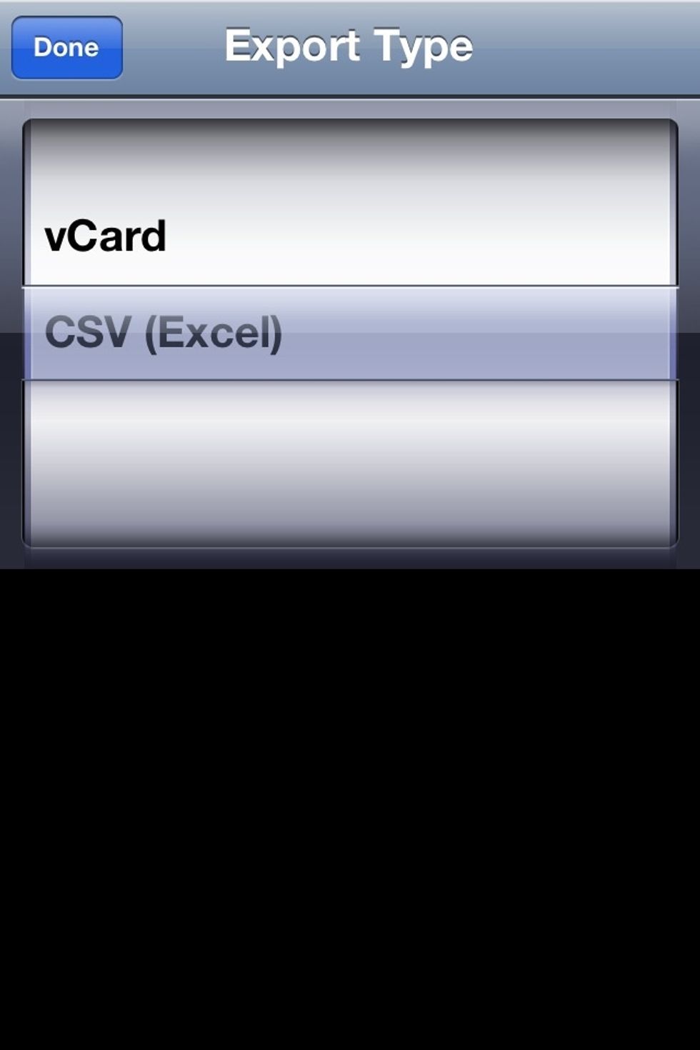 Tap DONE twice to get back to the main screen. Next time you email it will send a CSV file instead of a VCF file. CSV stands for COMMA SEPARATED VALUES, which explains the weird commas in the file.