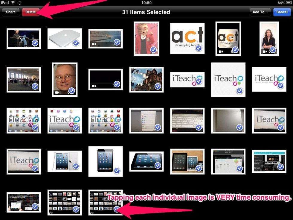 Tap each image that needs to be deleted (a blue tick appears next to a selected image). Pressing the red delete button removes all selected images.