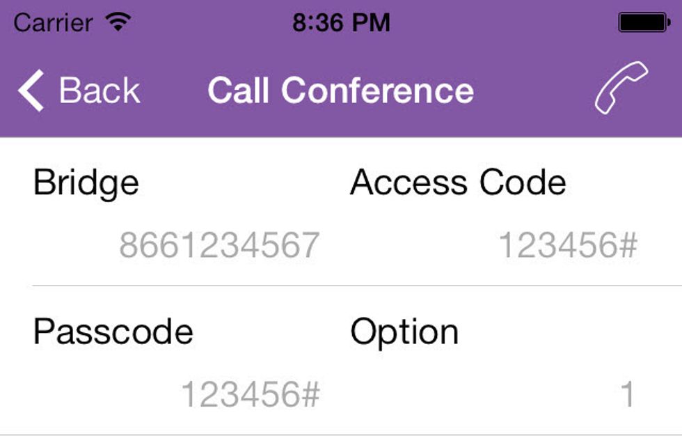 Tap Join Call Conference. The app will fetch the bridge and access code from the event details.