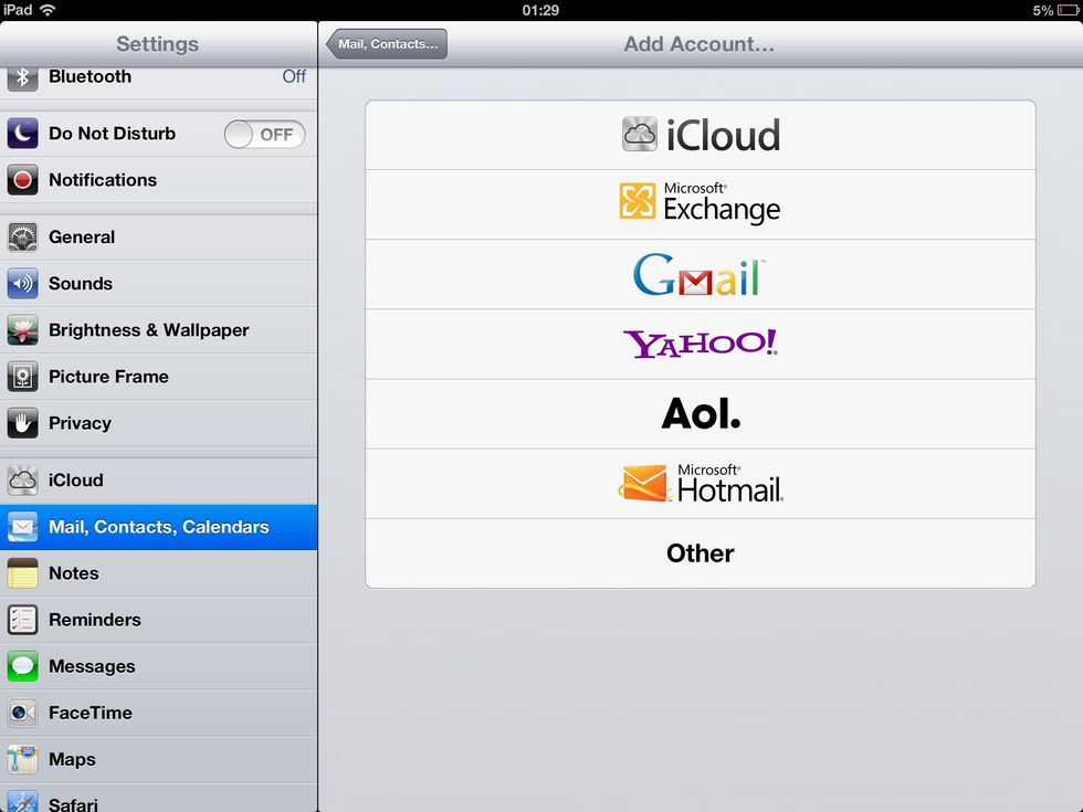 Tap Mail,Contacts, Calendars. Choose your account provider