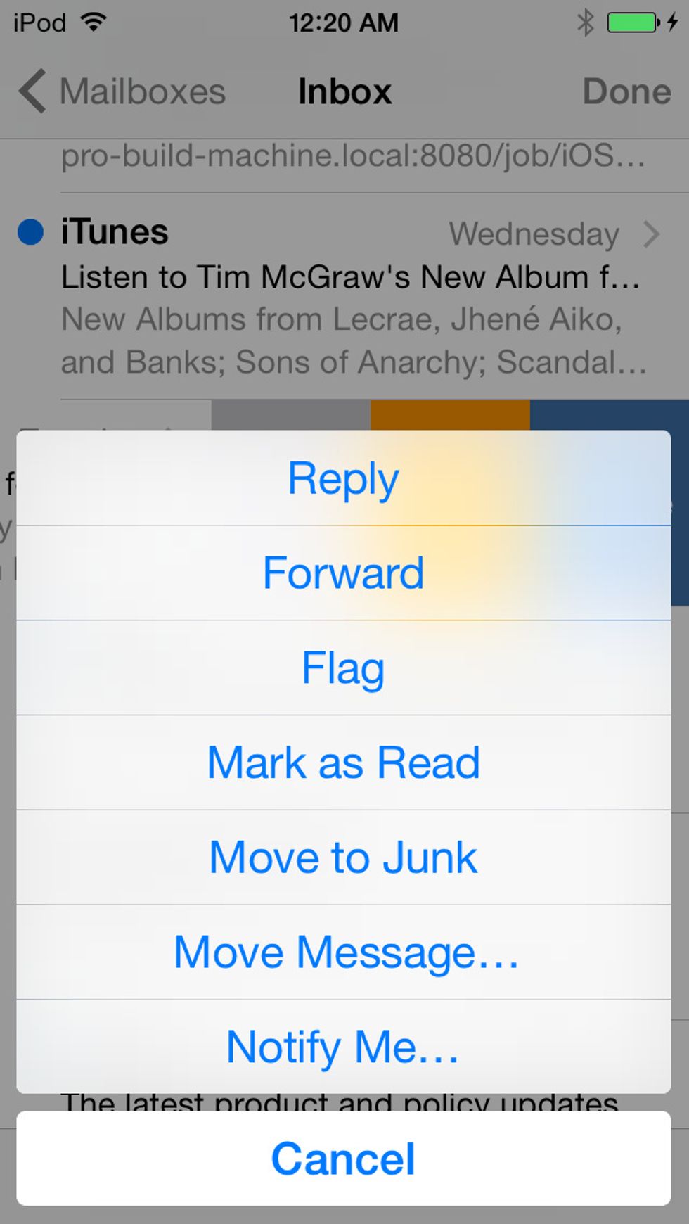 Tap 'More' to pull up a fuller menu including Reply and Forward.