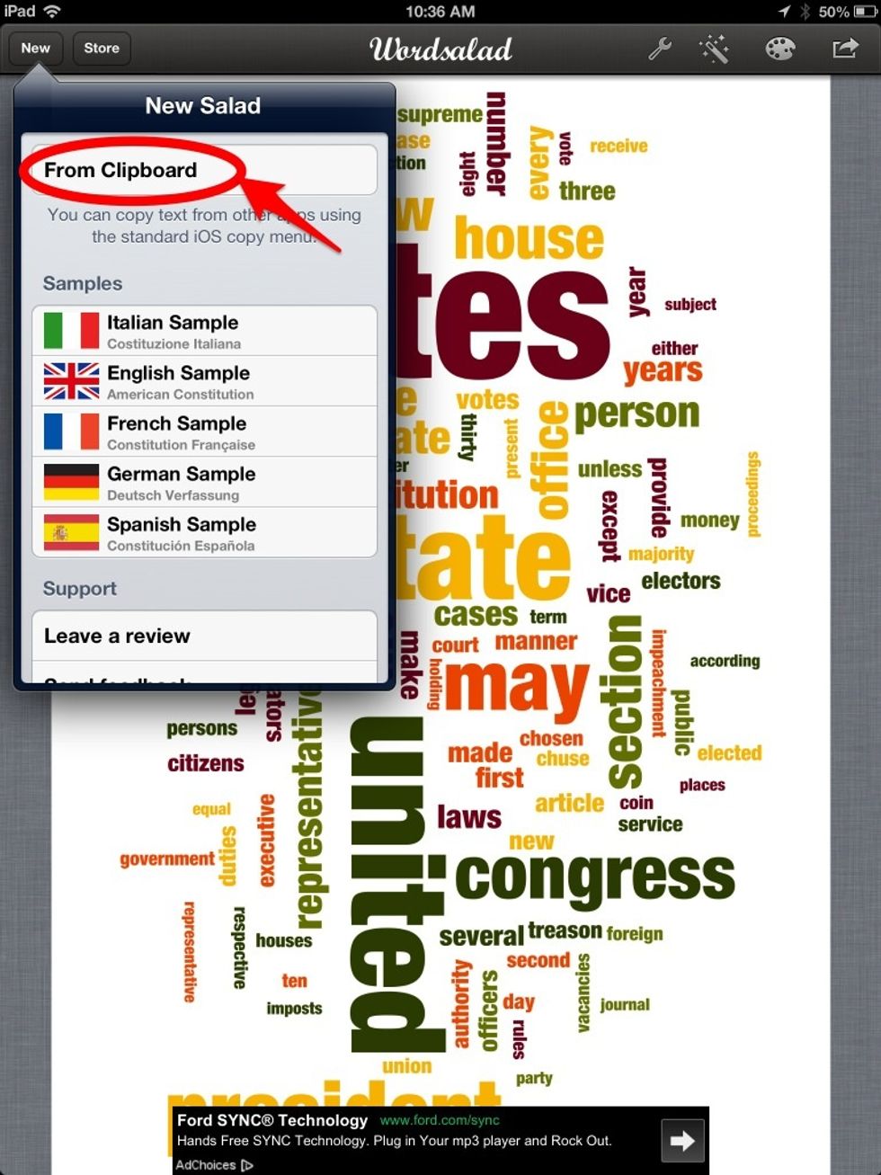 Tap "New" in the top left hand corner of the app to make a new word cloud. Then, tap, "From Clipboard." This will paste what you've copied in the Notes app and will create your word cloud instantly.