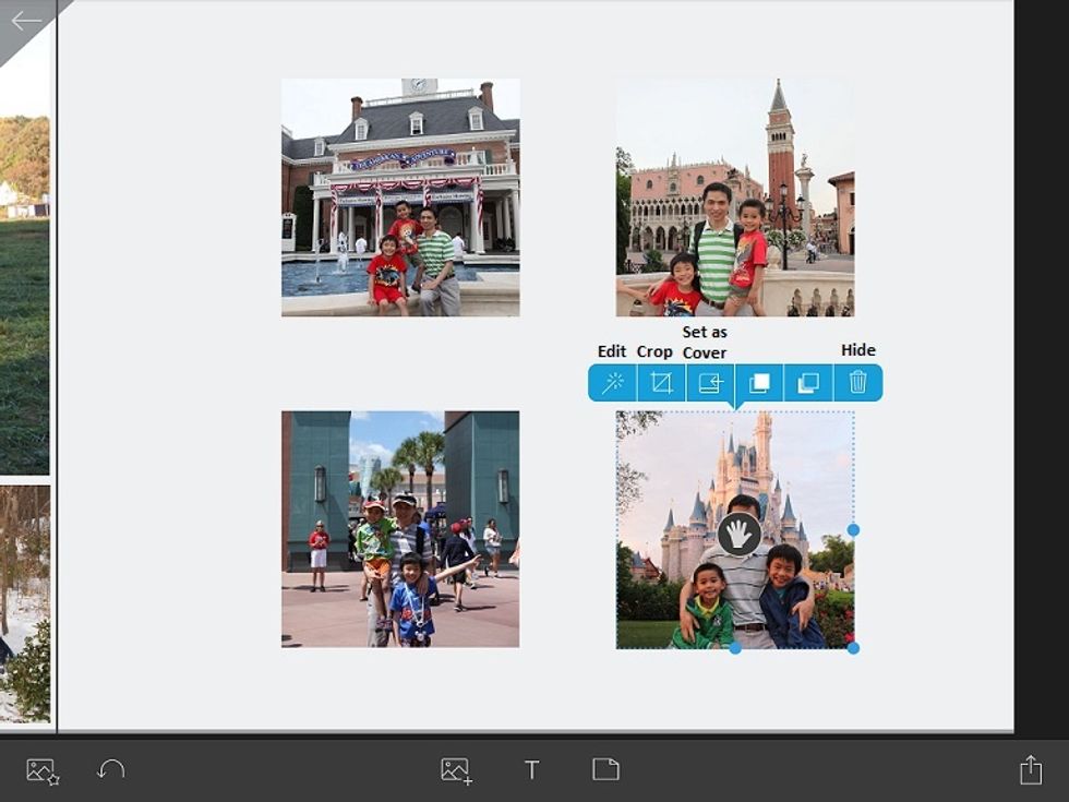 Tap on a photo to bring up the photo menu in order to edit photo (including applying filters), crop photo, set the photo as book cover, send photo to the front or back (if layered), and hide photo.