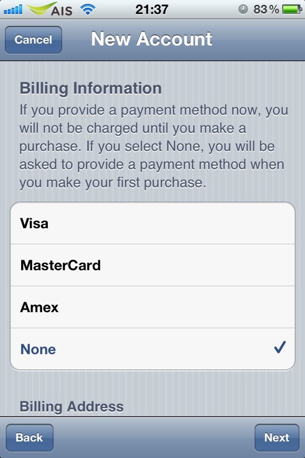 Tap on "None" if you don't want to fill your credit card number.