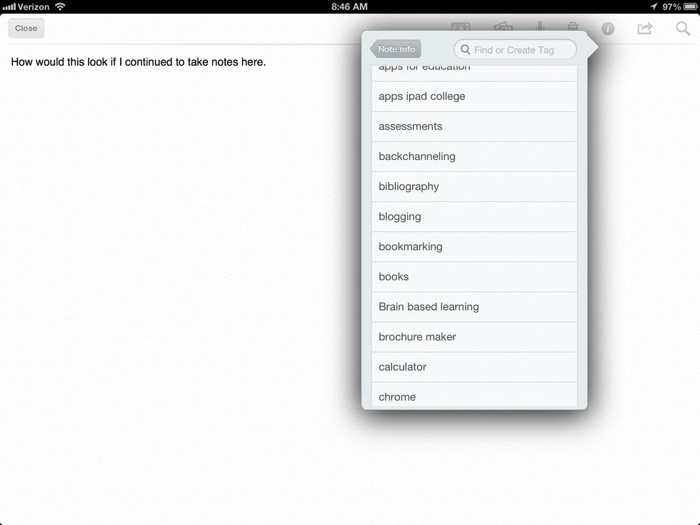 Tap on Tags to add tagging to the note. You can choose multiple tags at the same time. A check mark will appear next to the tags you choose. You can also create new tags for the note.