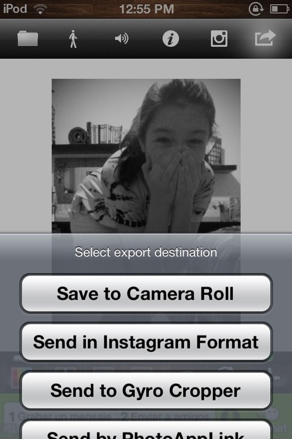 Tap on the #3 in the upper right part of your screen. A saving menu will appear. Since "send in instagram format" does not work most of the time, select save to camera roll.