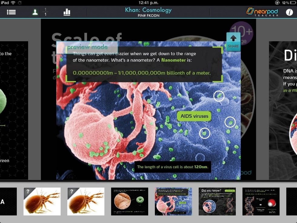 Tap on the scrubber below to go into preview mode and navigate the presentation. Then tap on Share to push the current slide into your student's screens.