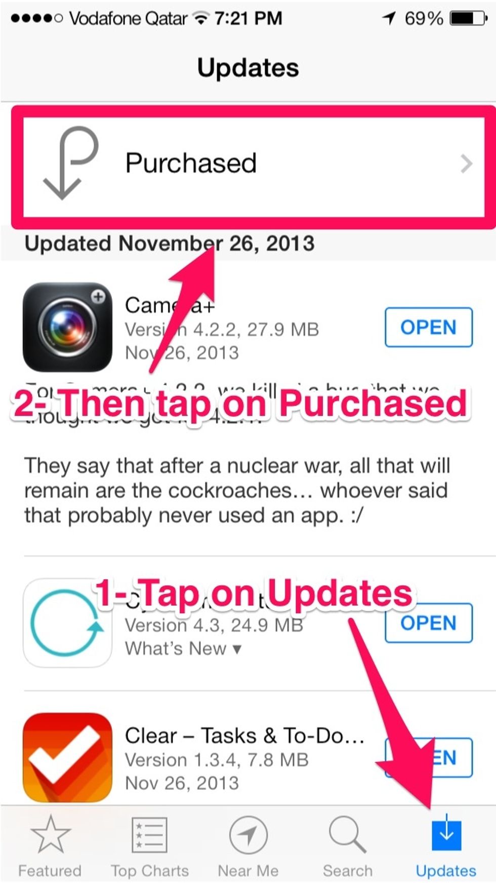Tap on Updates then on Purchased