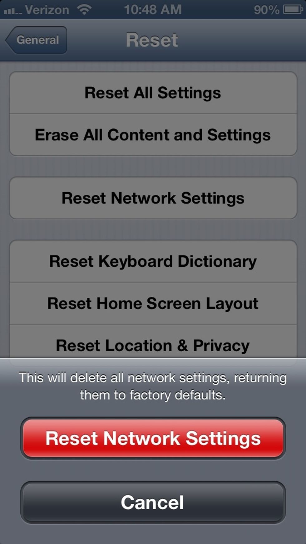 Tap Reset Network Settings to confirm.