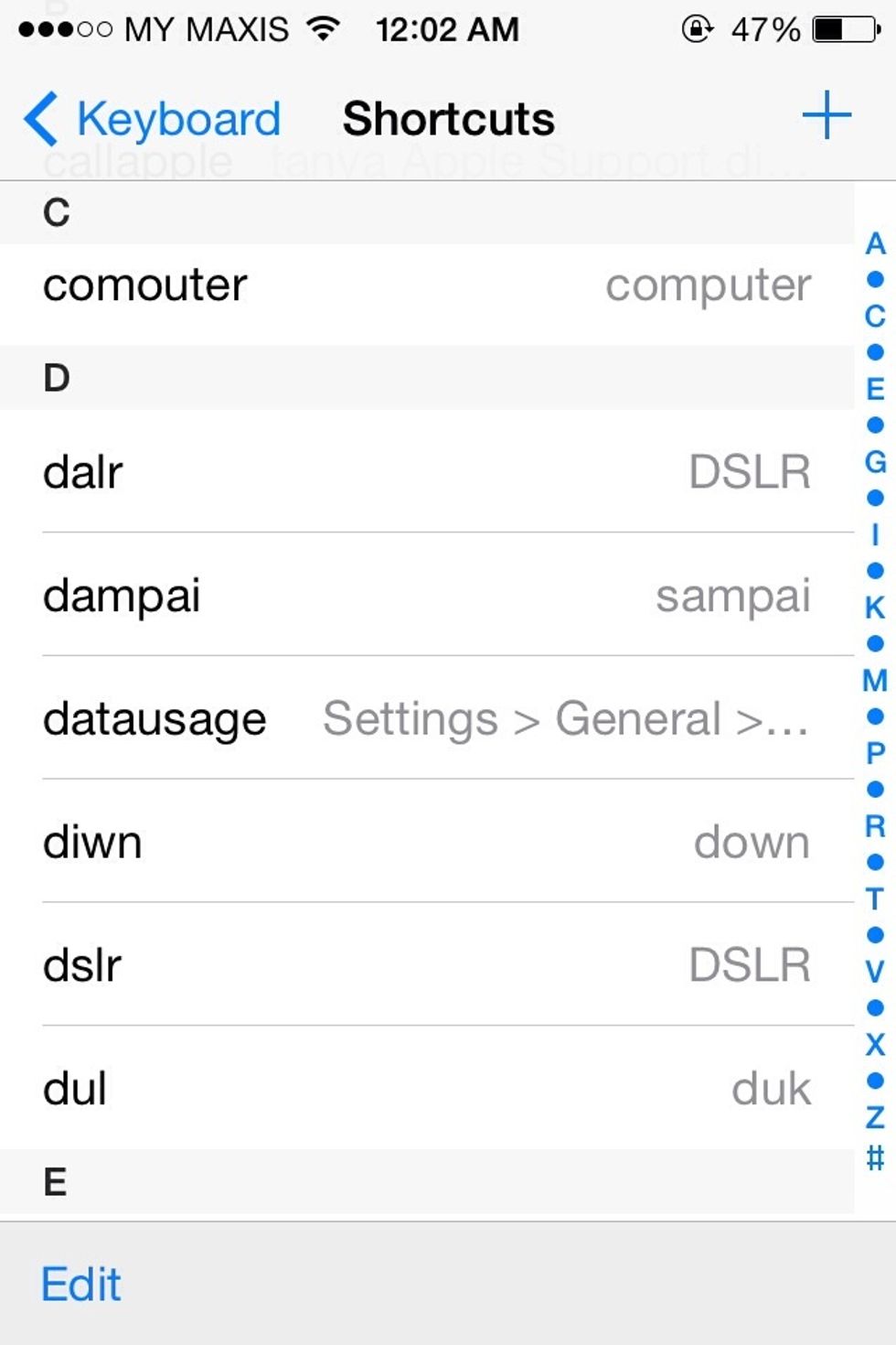 Tap Settings > General > Keyboard > Shortcuts. And tap (+) button on top of right corner.