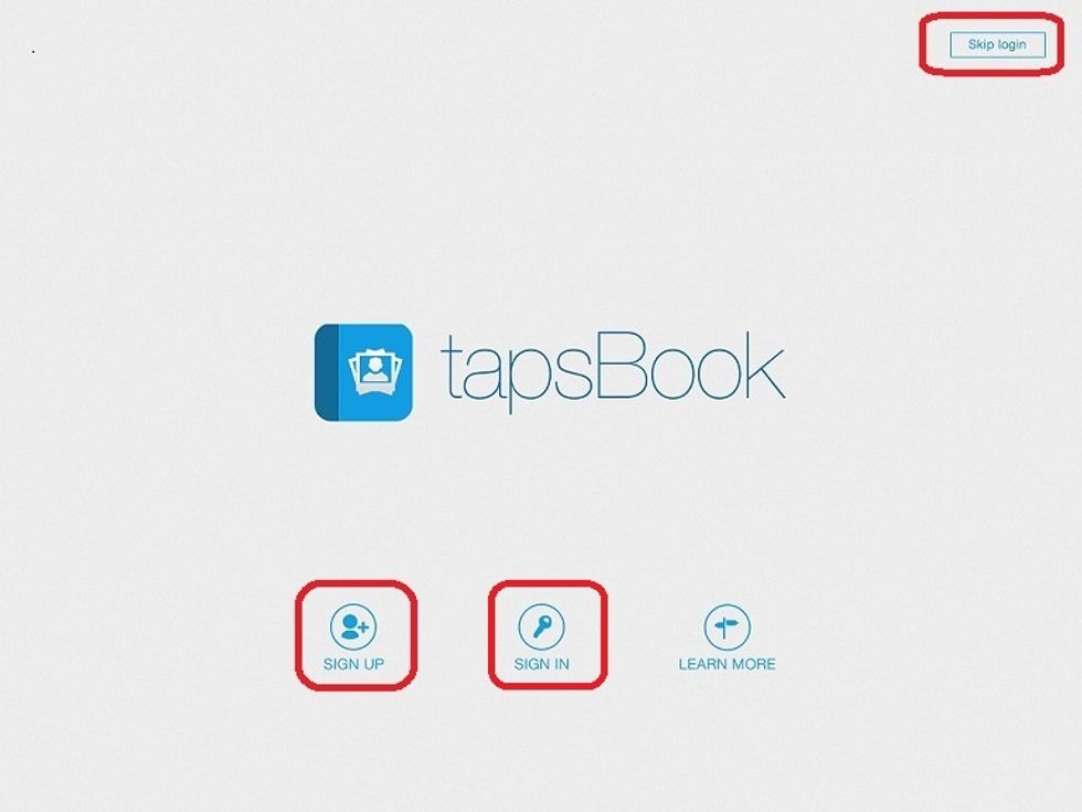 Tap "Sign in" to sign in with your Facebook account, "Sign up" to create a new account, or "Skip login". Please note that you will not be able to share the book if you skip login.