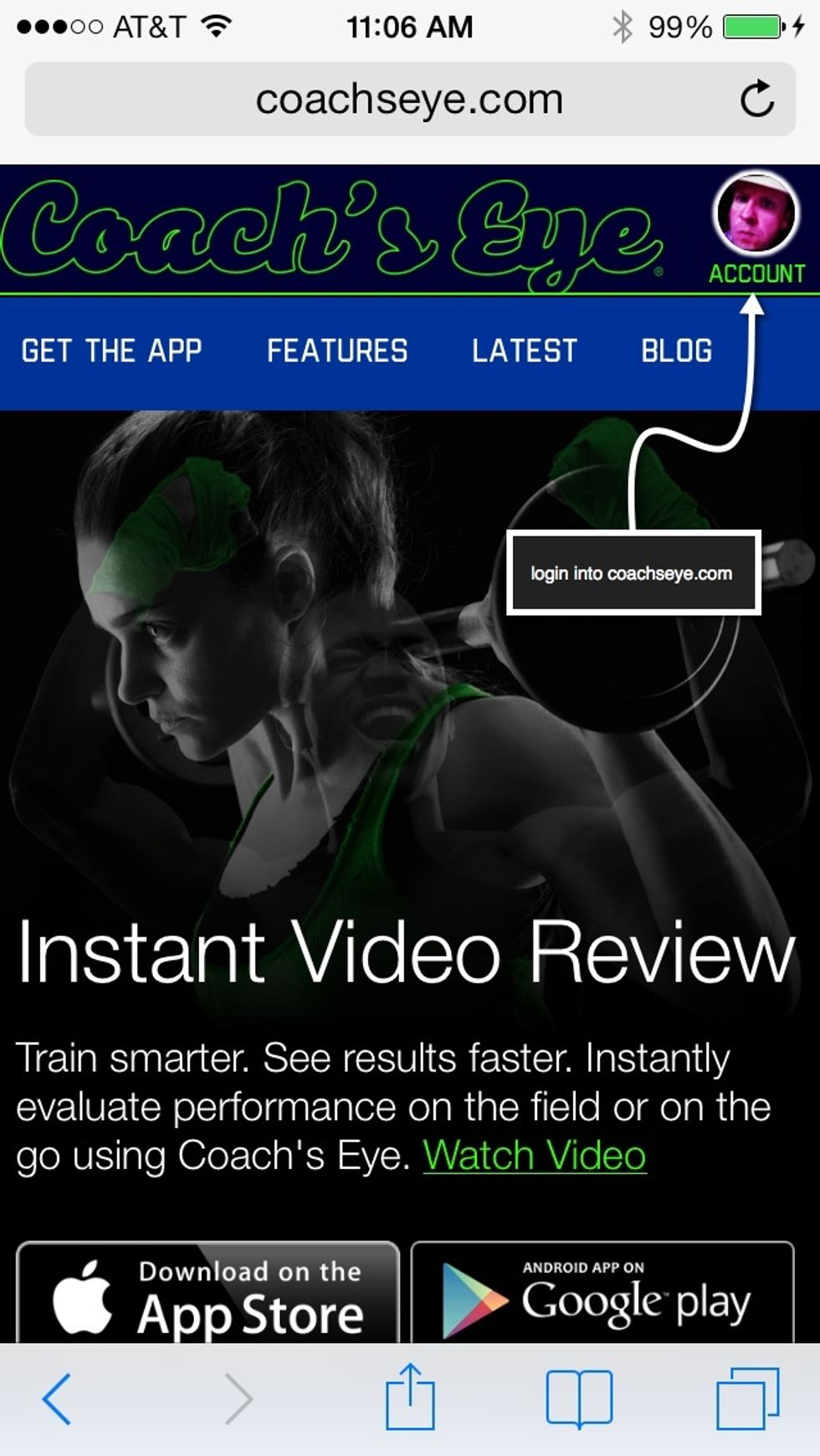 Tap the Account button and login to coachseye.com.