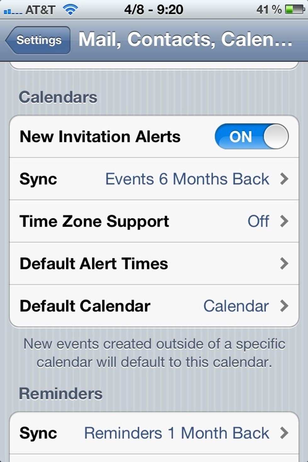 Tap the back arrow to return the main settings page. Scroll down to the Calendars sub-heading. Tap the Default Calendar line. If you don't see it, you're all finished!