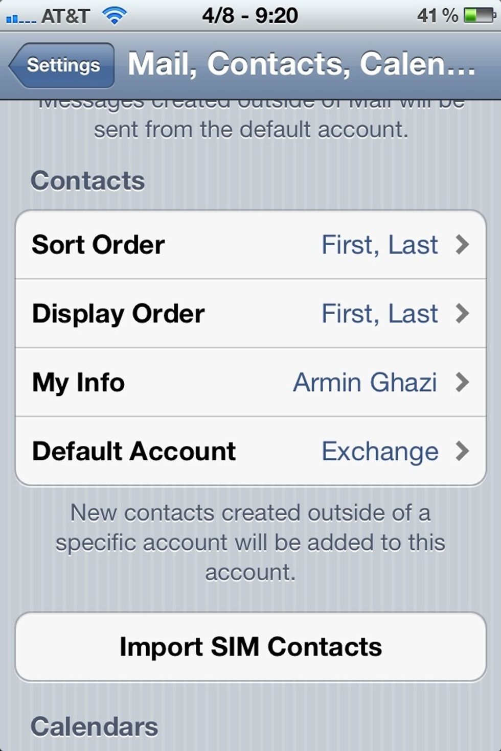 Tap the back arrow to return to the main settings page. Scroll down until you see the Contacts sub-heading. Look for the 'Default Account' setting and tap it. If you don't see it, skip to step 14.