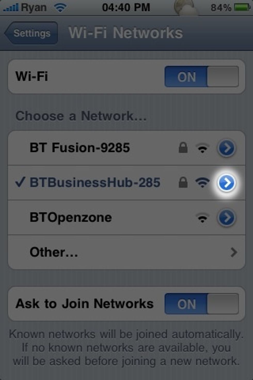 Tap the blue arrow next to the wifi connection you're using.