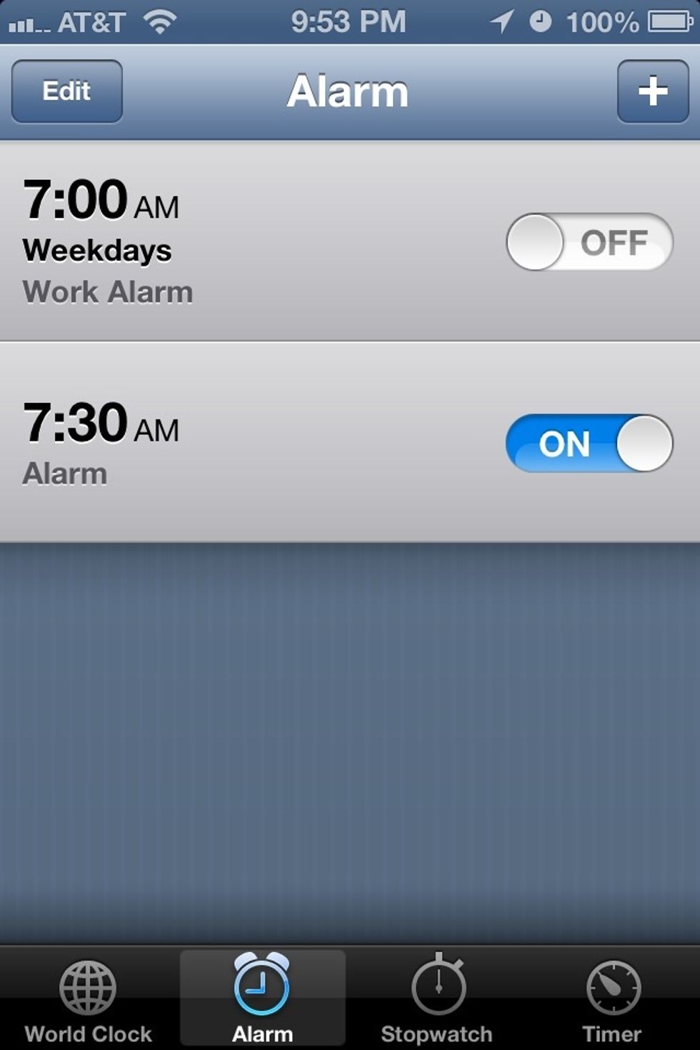 Tap the + button to add a new alarm. NOTE: You could edit an existing alarm as well by tapping the Edit button and then tapping the existing alarm in question.