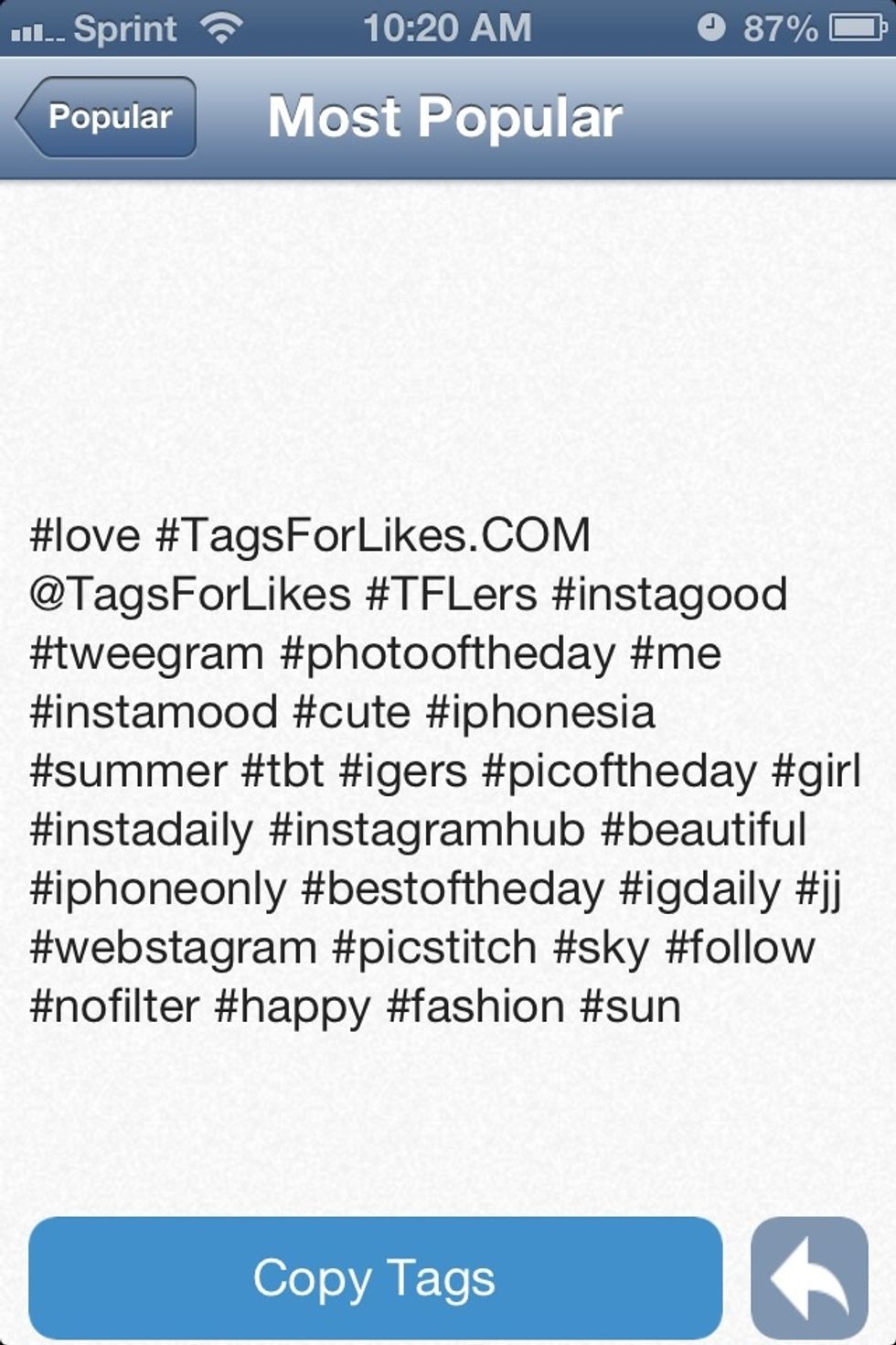 Tap the button to copy the tags in the category you selected.