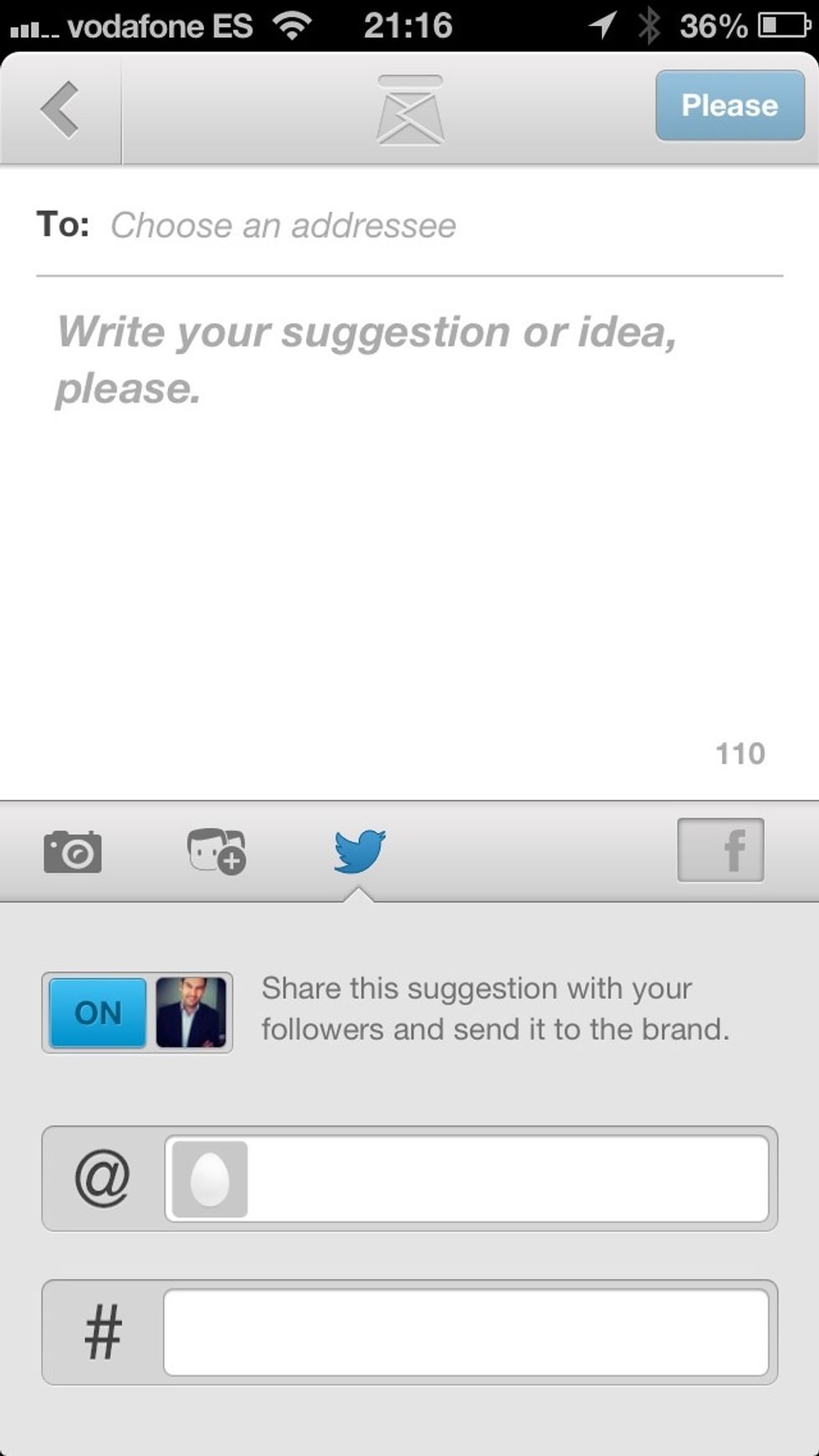 Tap the "@" button to search for the addresse's twitter profile.