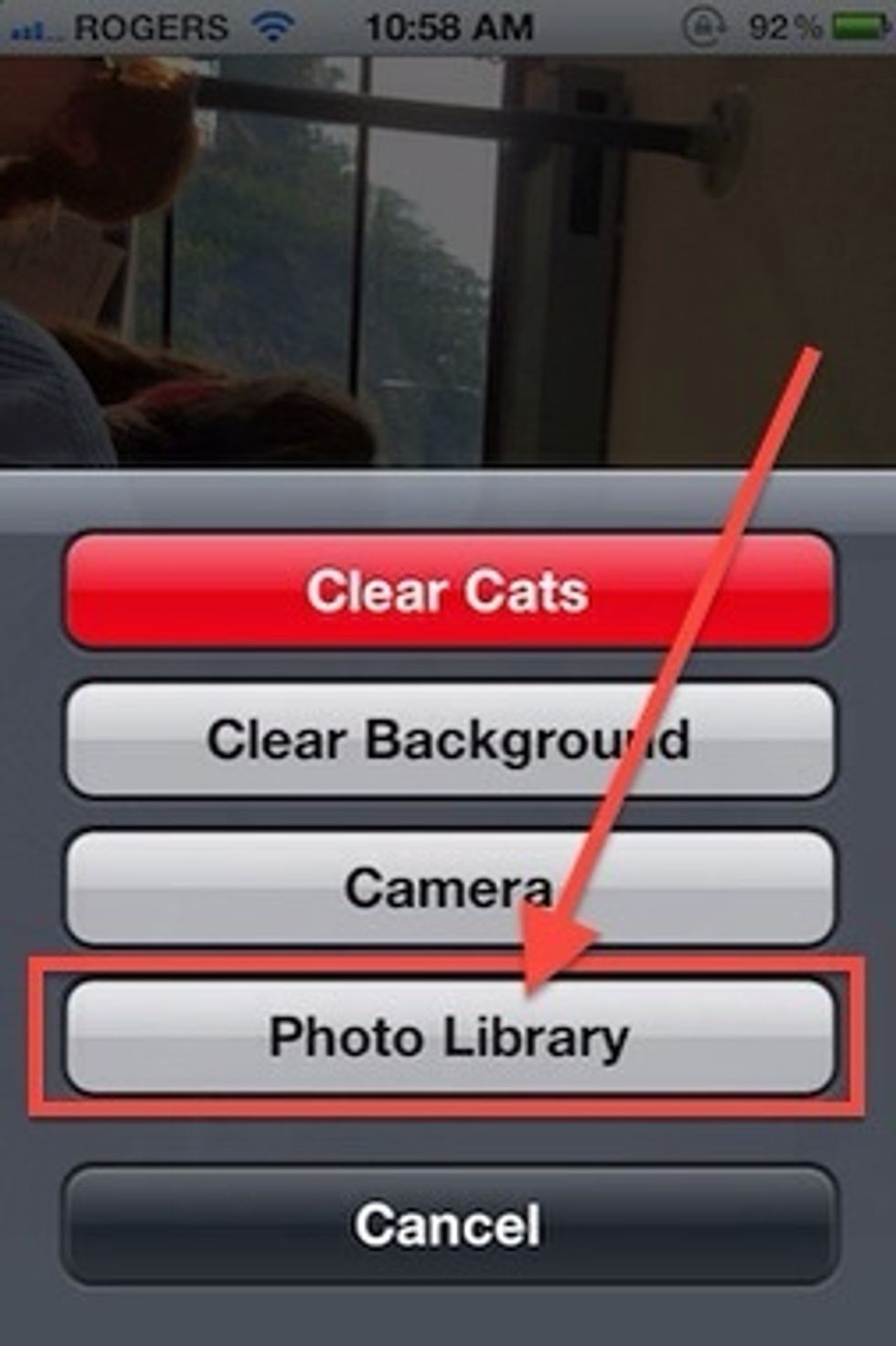 Tap the camera image icon, second from the left at the bottom, to begin creating your masterpiece. Choose either Camera or Photo Library to select a photo to use as your background image.