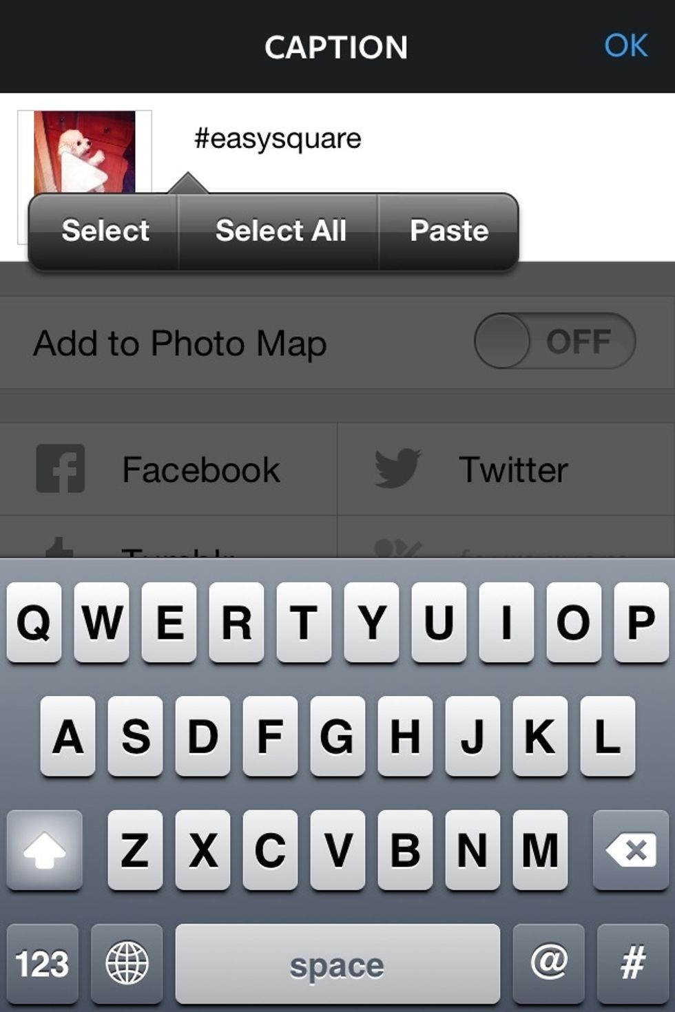 Tap the caption area to paste in any tags you had added earlier, and publish! Yay! Easy peasy :)
