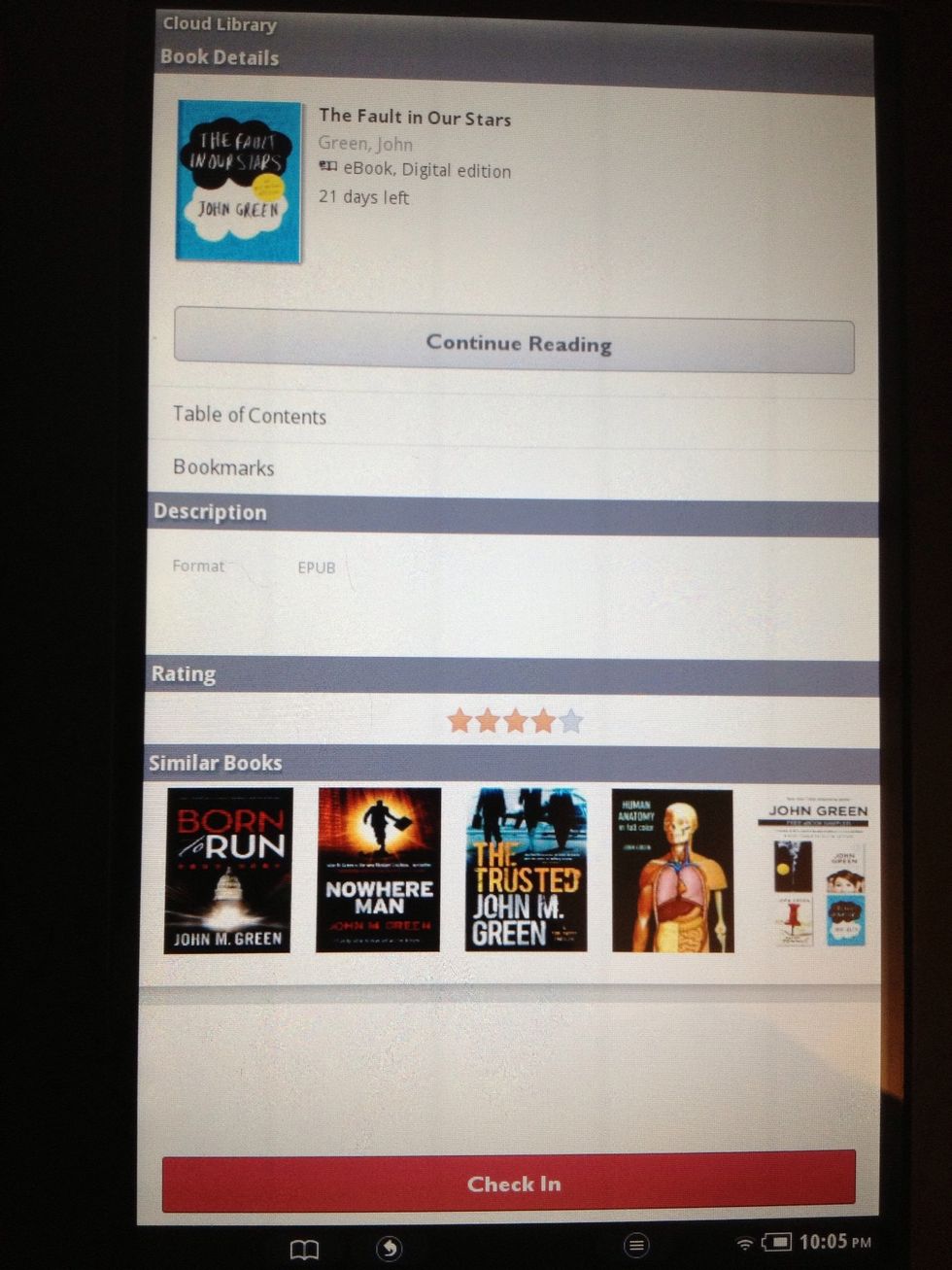 Tap the "i" button to access the table of contents and bookmarks, and to rate the book and see similar (or not so similar) titles. Tap the red "Check In" button once you're all done.