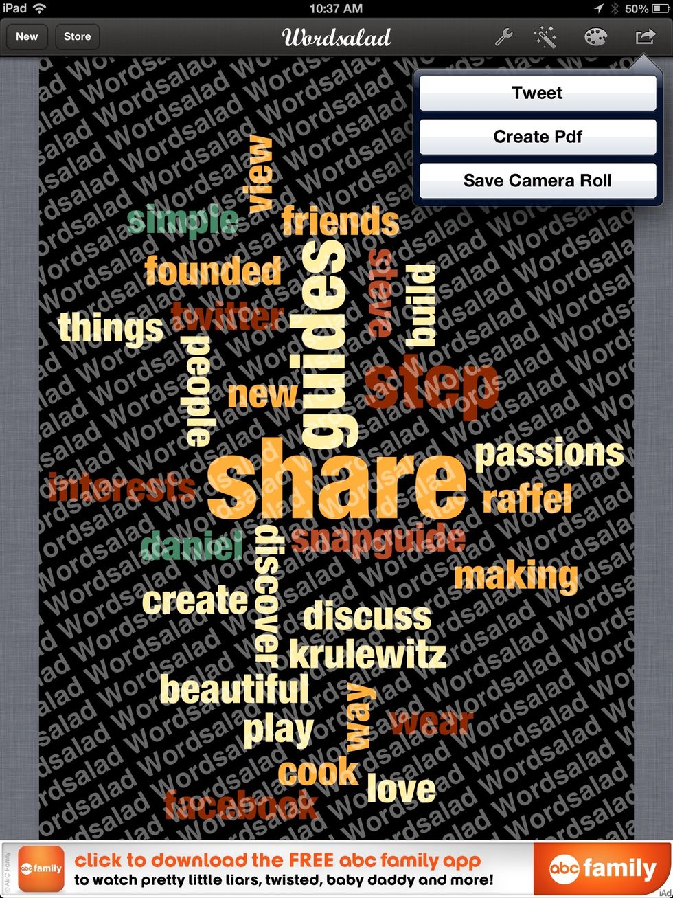 Tap the magic want to automatically change the position of the words. Tap the paint palette to change the color. Continue to tap each one until you're happy. Tap the last icon to export.