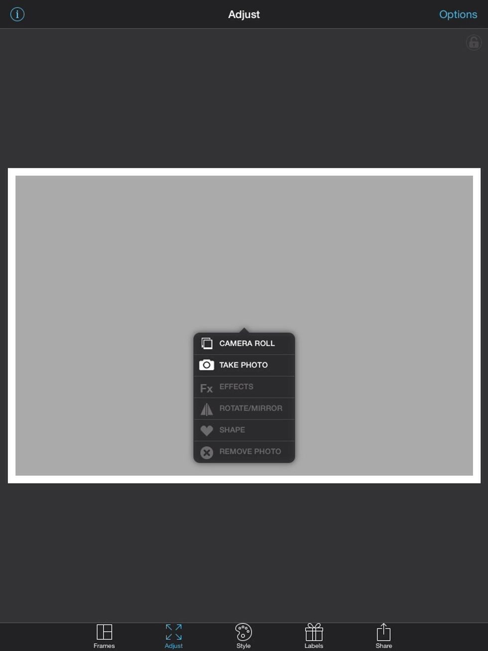 Tap the middle of the blank area to bring up menu options. Hit (camera roll) to access photos on your device.