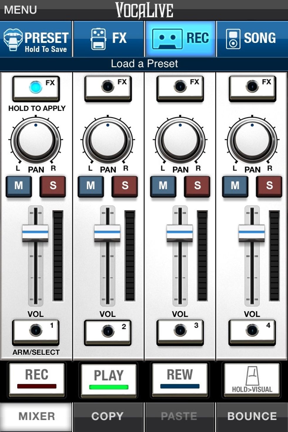 Tap the MIXER tab at the bottom left of the screen and this will come up. The blue light will be flashing over the track you created. Tap COPY at the bottom of the screen to copy the recording.