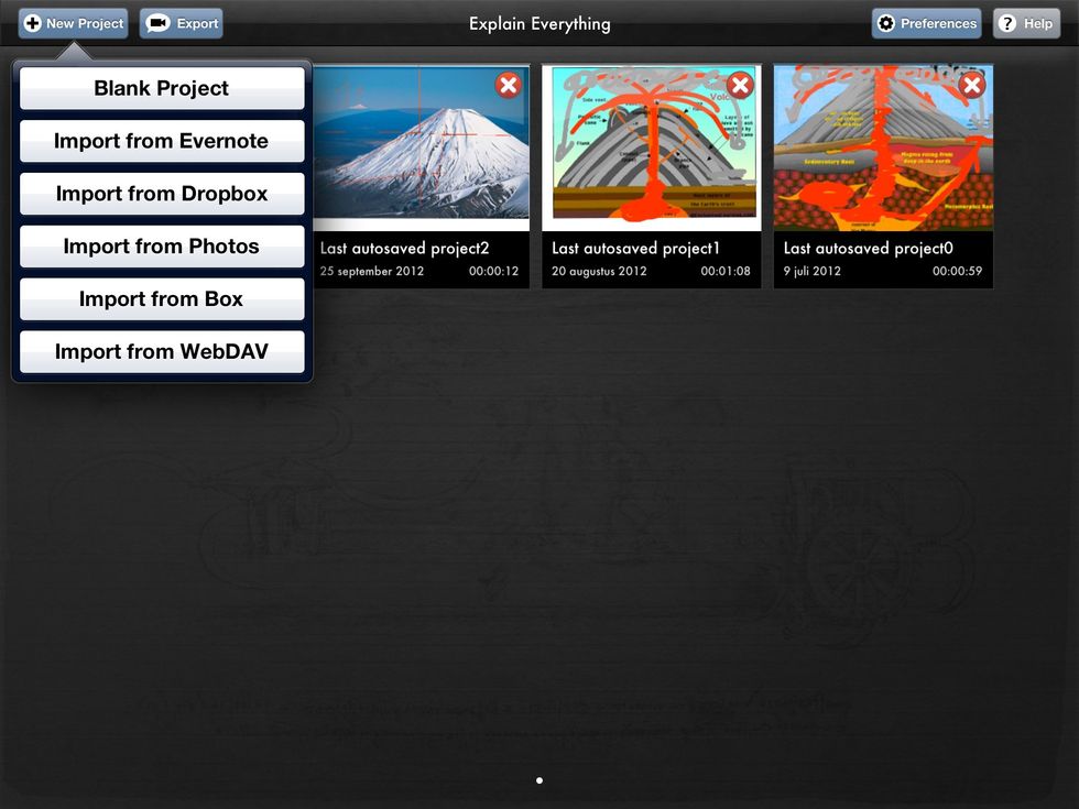 Tap the New Project button. You can select the kind of project you would like to create from the drop down menu.