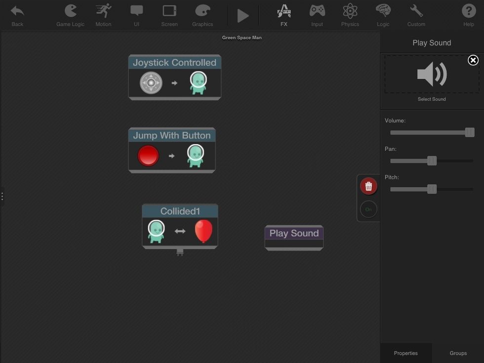 Tap the play sound behavior and then tap where it says SELECT SOUND. A menu will come up where you can sample sounds. Choose one.