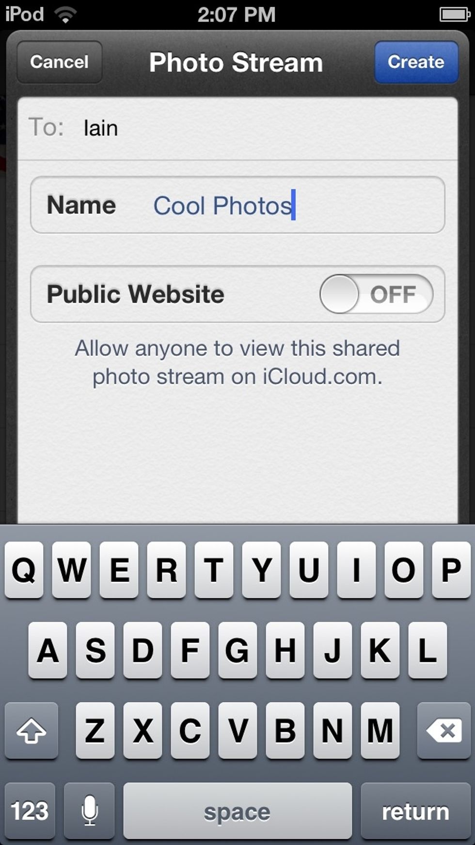 Tap the "plus" button. Then, this form will appear. Fill out who you want to share with and what the title is called.