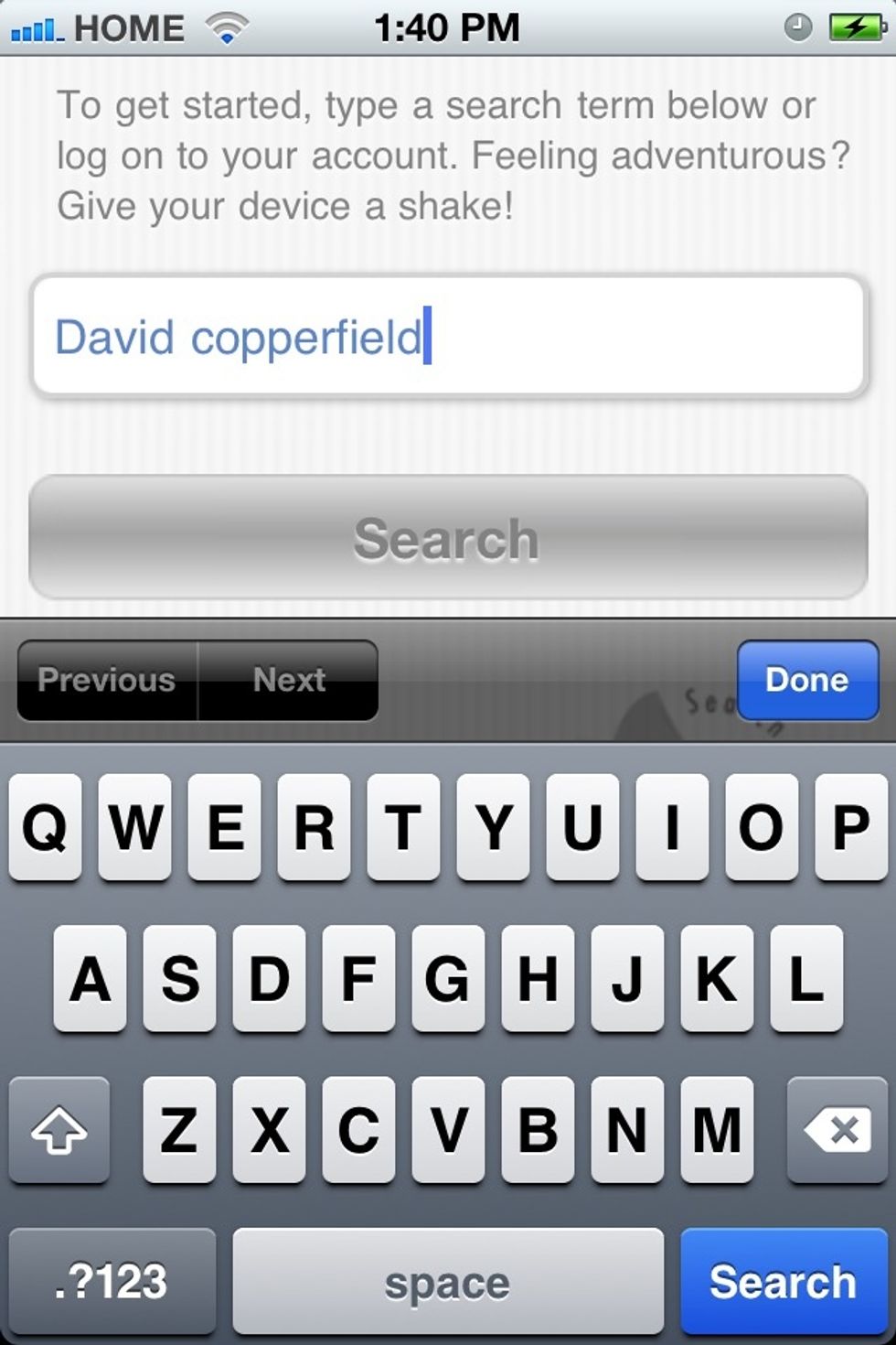 Tap the search option on the bottom of the screen to search for a book by title, author, subject, or keyword.