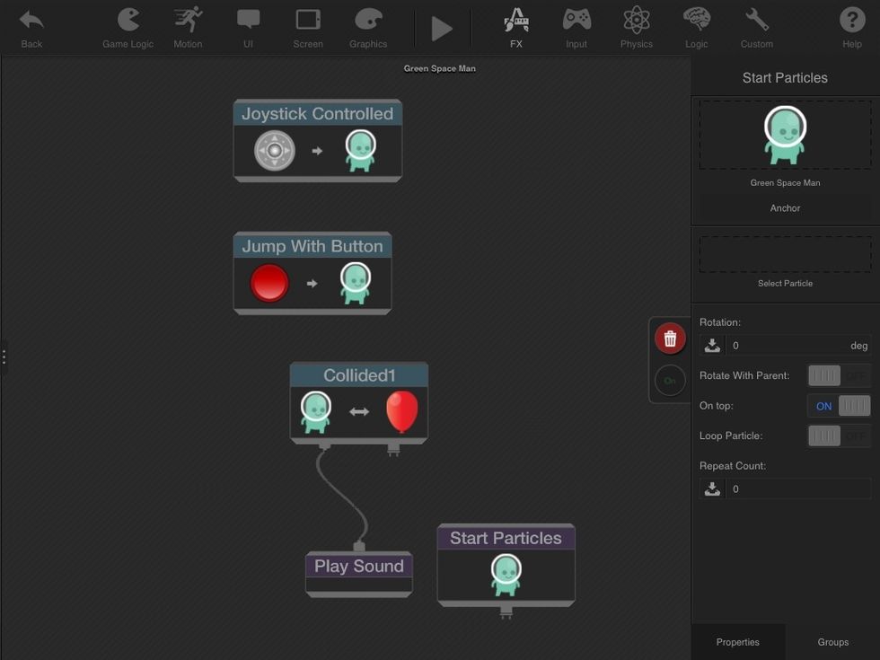 Tap the start particles behavior, and in the panel on the right choose SELECT PARTICLE.