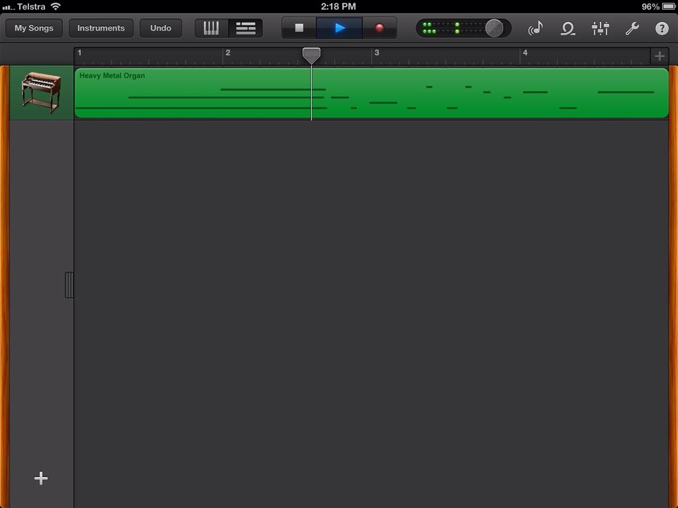 Tap the track view icon (left of stop) to see your recording. You can add new instruments to the piece by clicking the + sign (bottom left) and repeating steps 3 to 9. You can record up to 8 tracks.