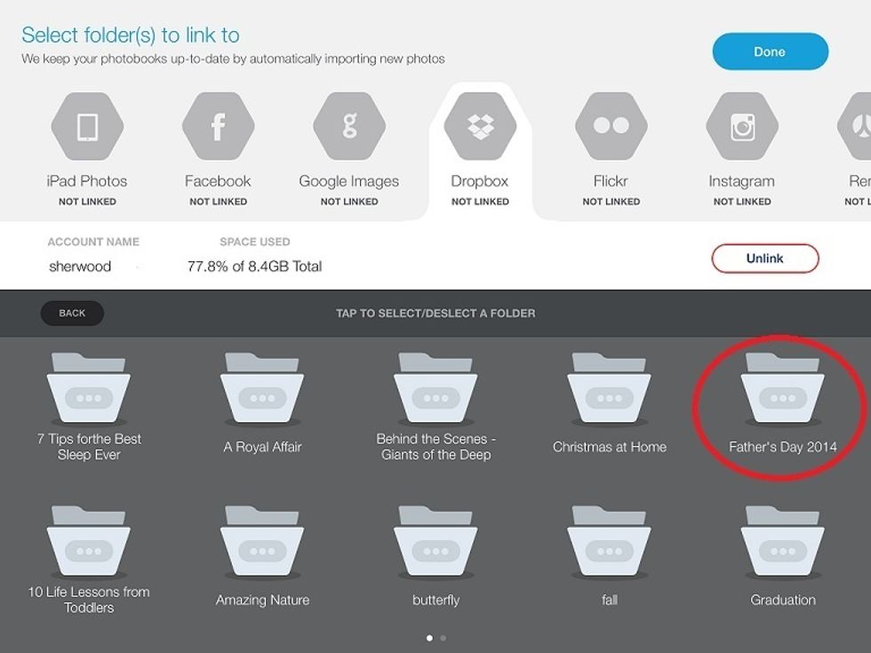 Tap to select the folder where you stored your photos (a check mark will appear) then the blue "Done" at the upper right and voil\u00e0! a beautiful photo book for Dad is automatically created for you.