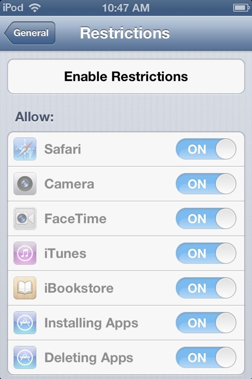 Tap where it says ENABLE RESTRICTIONS.
