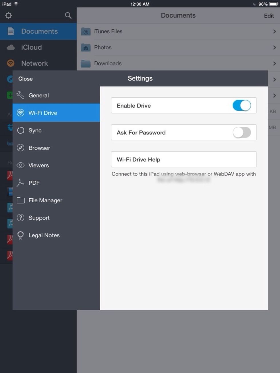 Tap where it says WI-FI drive, and under where it says "Connect to this iPad using..., Remember that url.