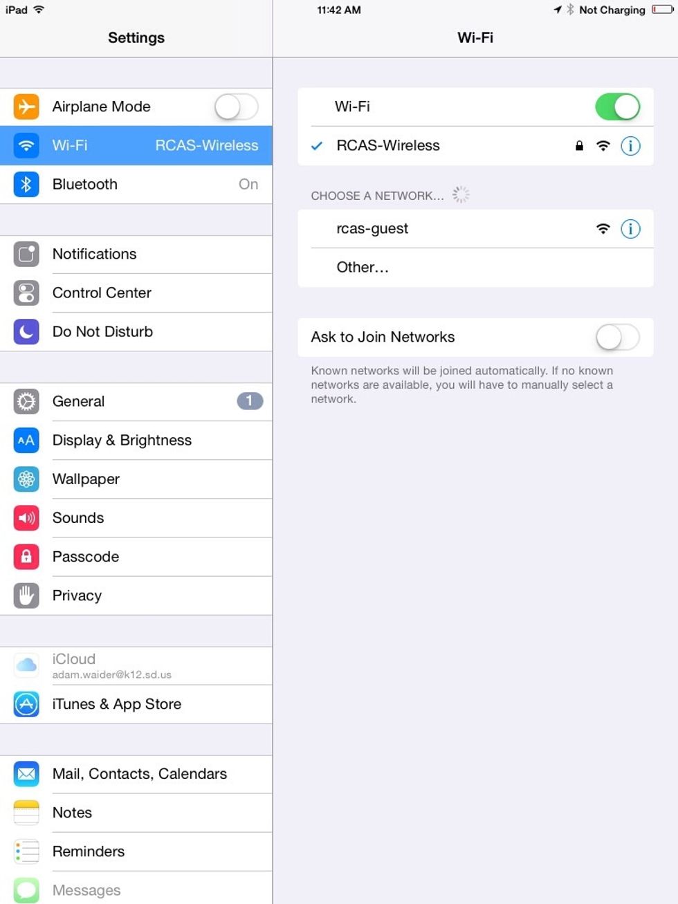 Tap "WiFi" to list the available networks. Tap the little blue i next to RCAS-wireless to reveal in information screen. There may or may not be a blue check mark next to RCAS-wireless.
