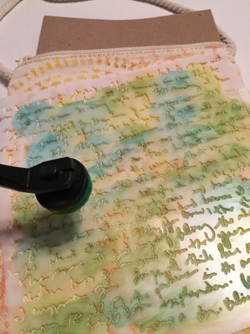 tape Believe Script stencil at a slant on back of bag. Ink using Jungle, Limelight and Aruba Inks.