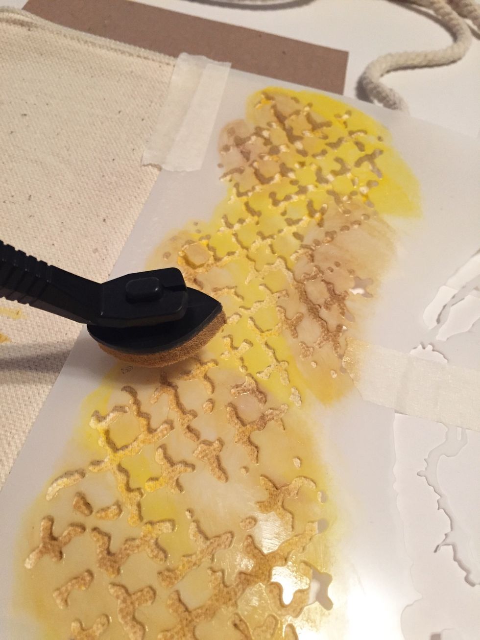 tape Butterfly Collage stencil with diamond pattern at right side of bag. ink using Sunshine and then Desert Sand ink.