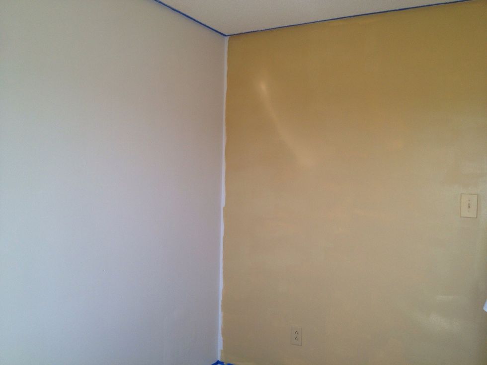 Tape off you your ceiling and baseboard area and paint wall with the lighter of the paint colors you have chosen. Let dry completely.