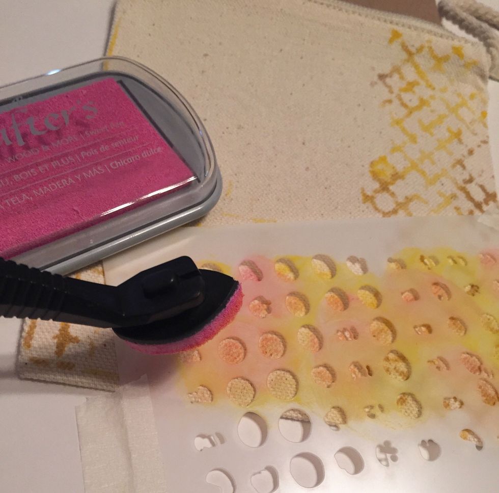 tape the dot section of the Impressions stencil at bottom of bag and ink using Sunshine and Sweet Pea Inks.