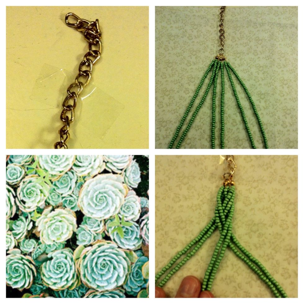 Tape the end of the chain to your desk etc. and start braiding the three beaded strands.