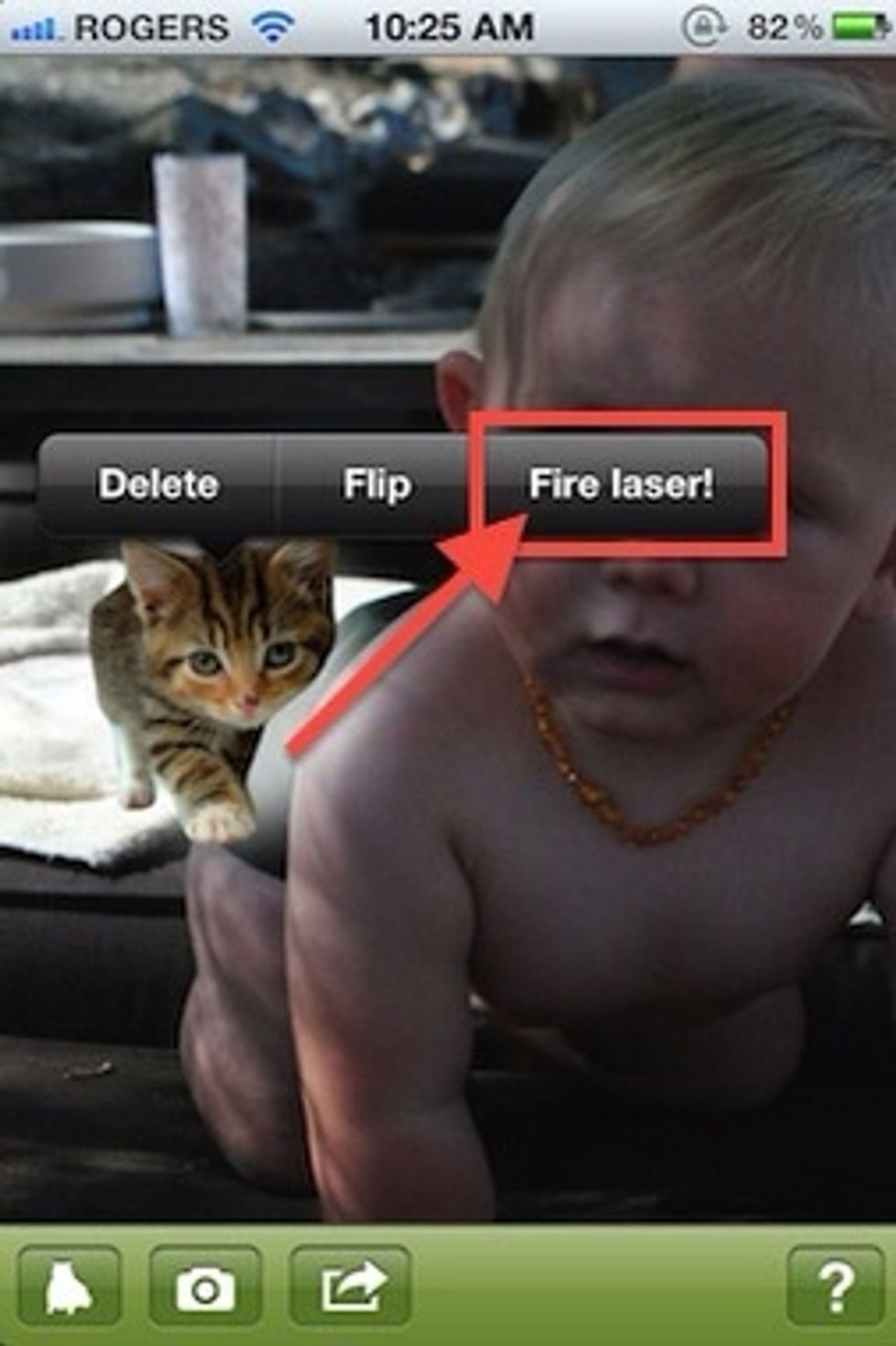 Tapping and holding on the cat will bring up a contextual menu. The cat will also be highlighted with a little glow background around. At this point you can delete, flip or add lasers.