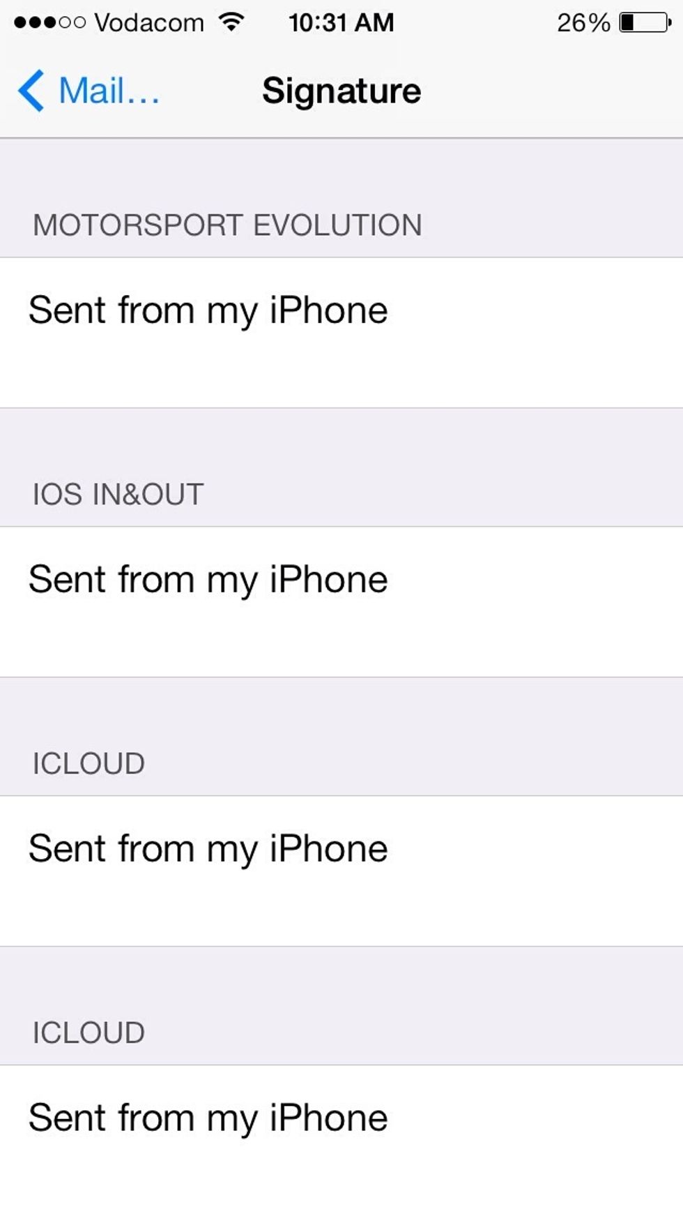 Tapping Per Account displays all your email accounts and allows you to type different signatures for different email accounts.