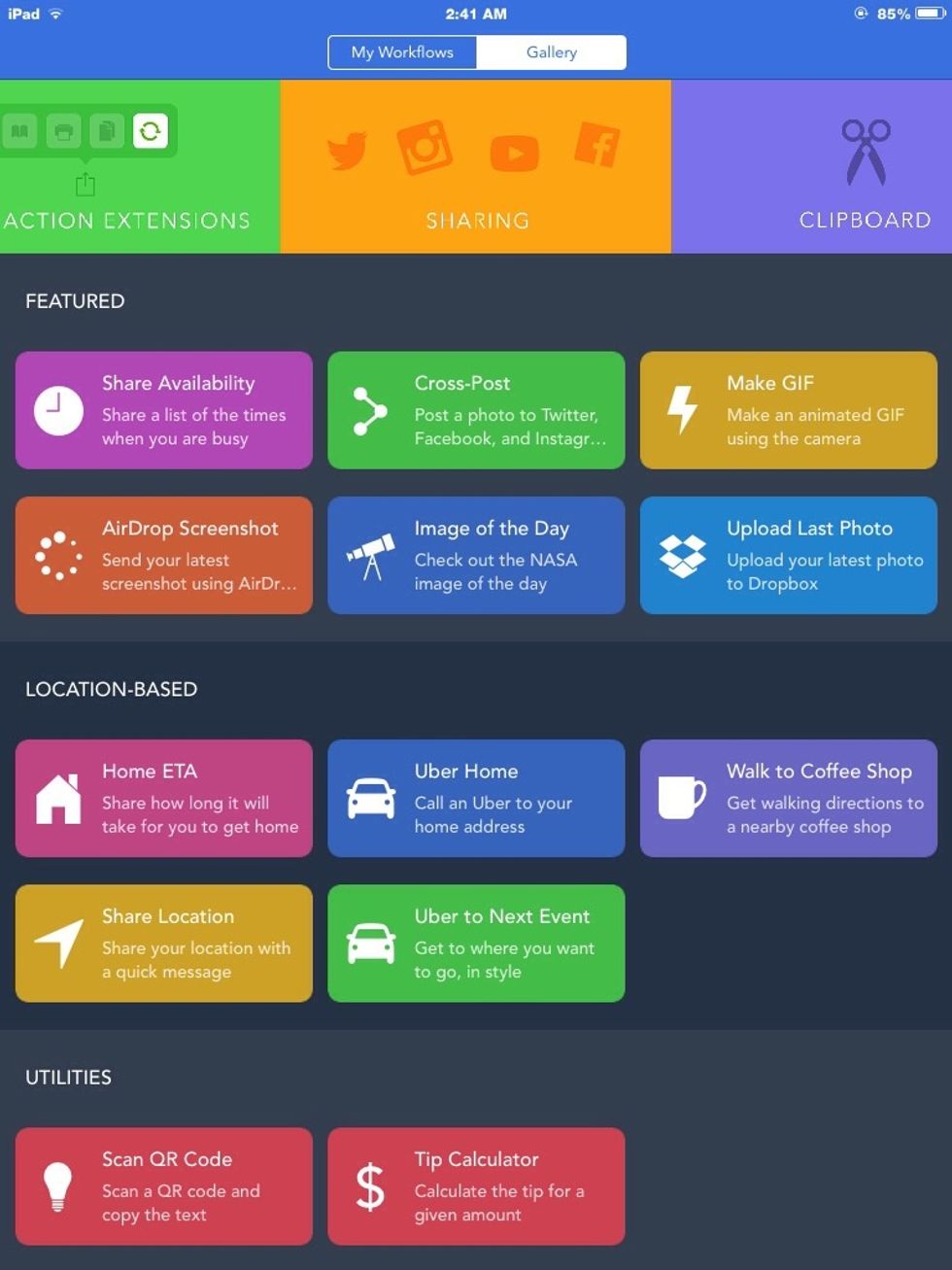 Tapping the Gallery tab takes you to a gallery of readymade workflows to get you started.