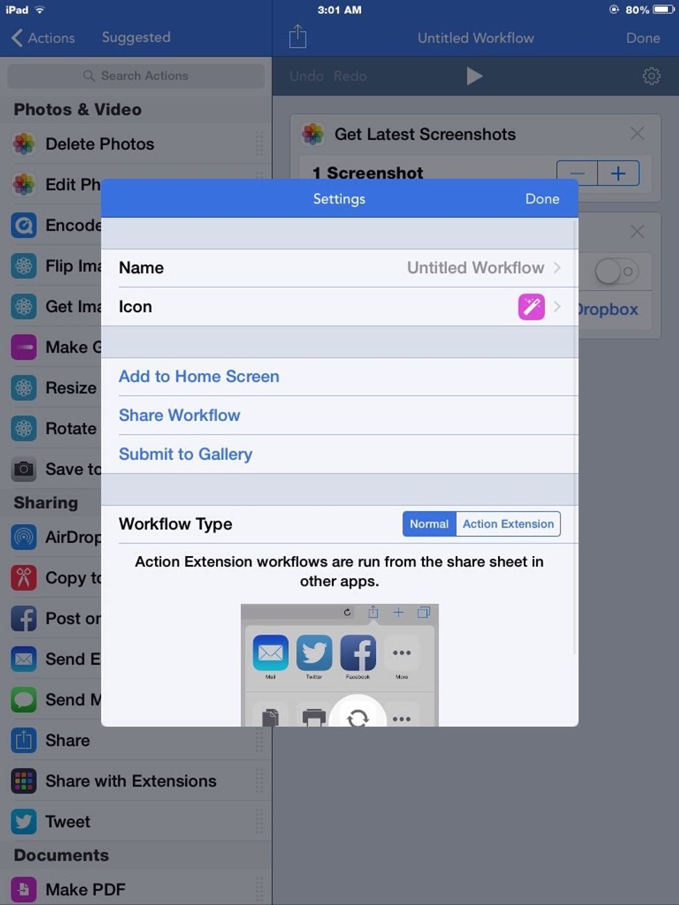 Tapping the gear gives you settings for your workflow. You can change its name, and its icon. And watch this... You can add it to your home screen?!