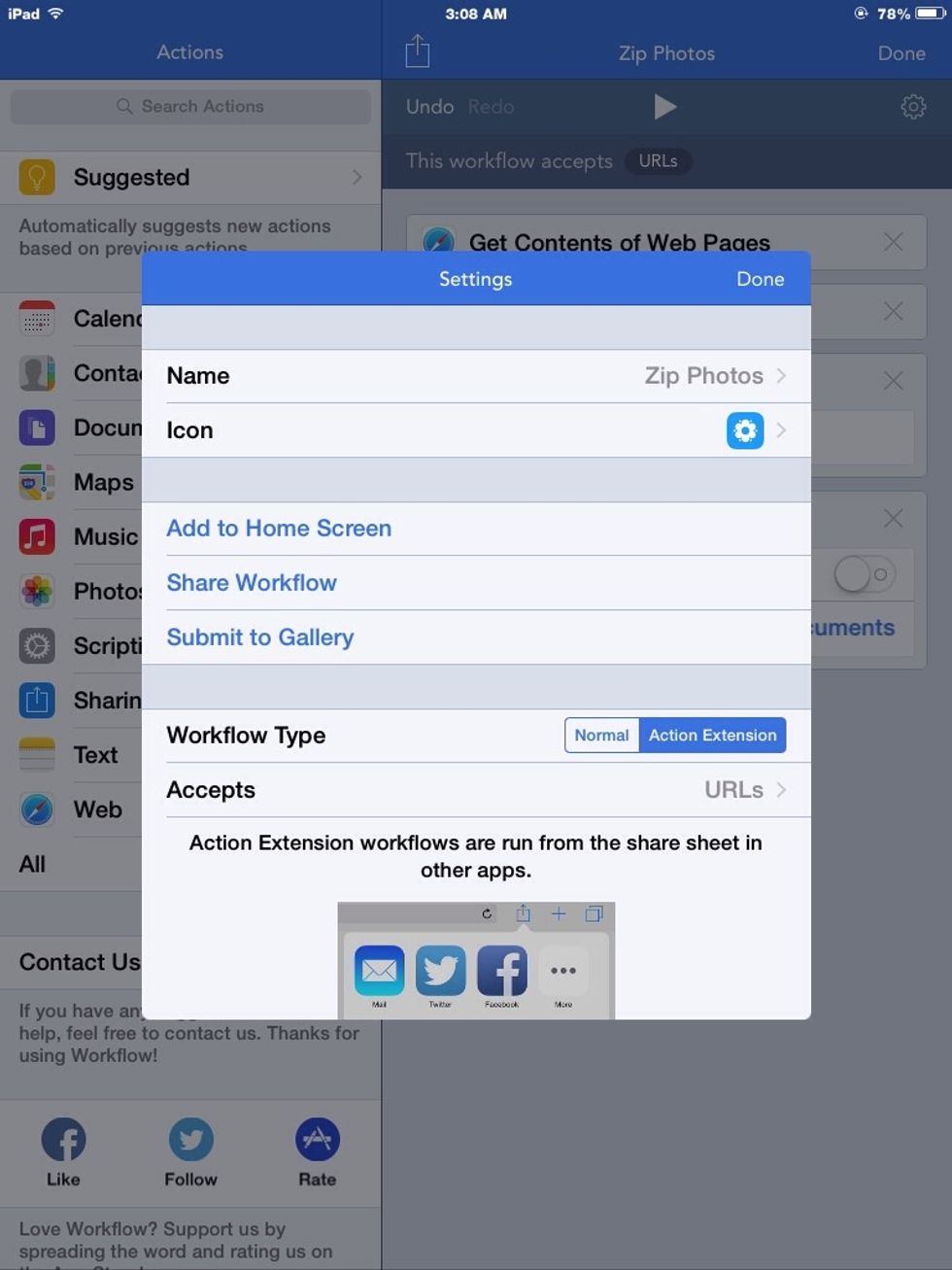 Tapping the gear, you can change the workflow type from Normal to Action Extension.